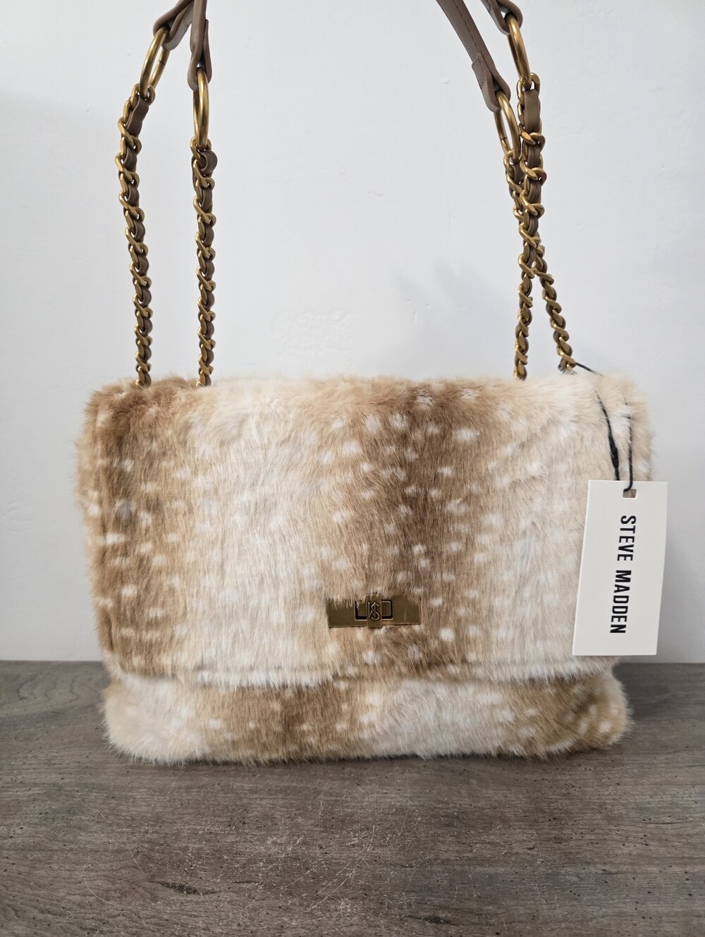Steve Madden Bkolman Faux Fur Natural Shoulder Bag with Gold Chain Strap New
